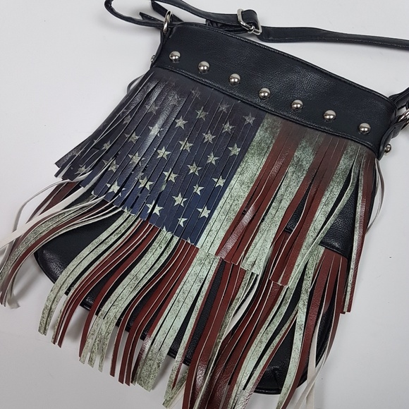 Handbags - Vintage American Flag Fringe Leather Crossbody Bag